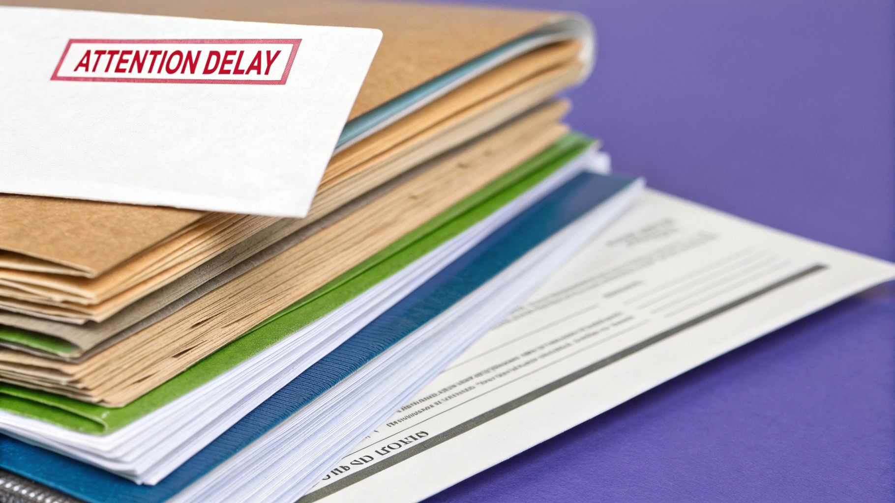 Una persona stressata guarda un avviso di pagamento con un punto esclamativo rosso.