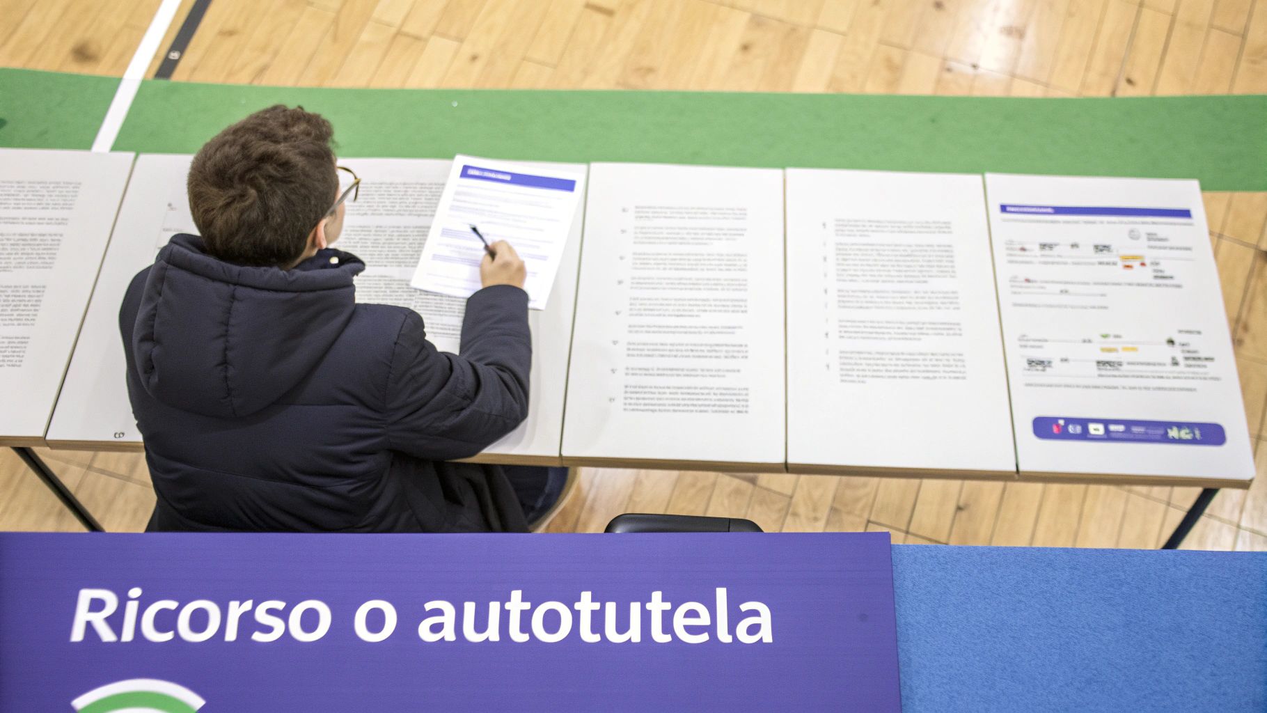 Una persona con giacca scura e occhiali esamina documenti su un tavolo, con testo "Ricorso o autotutela".