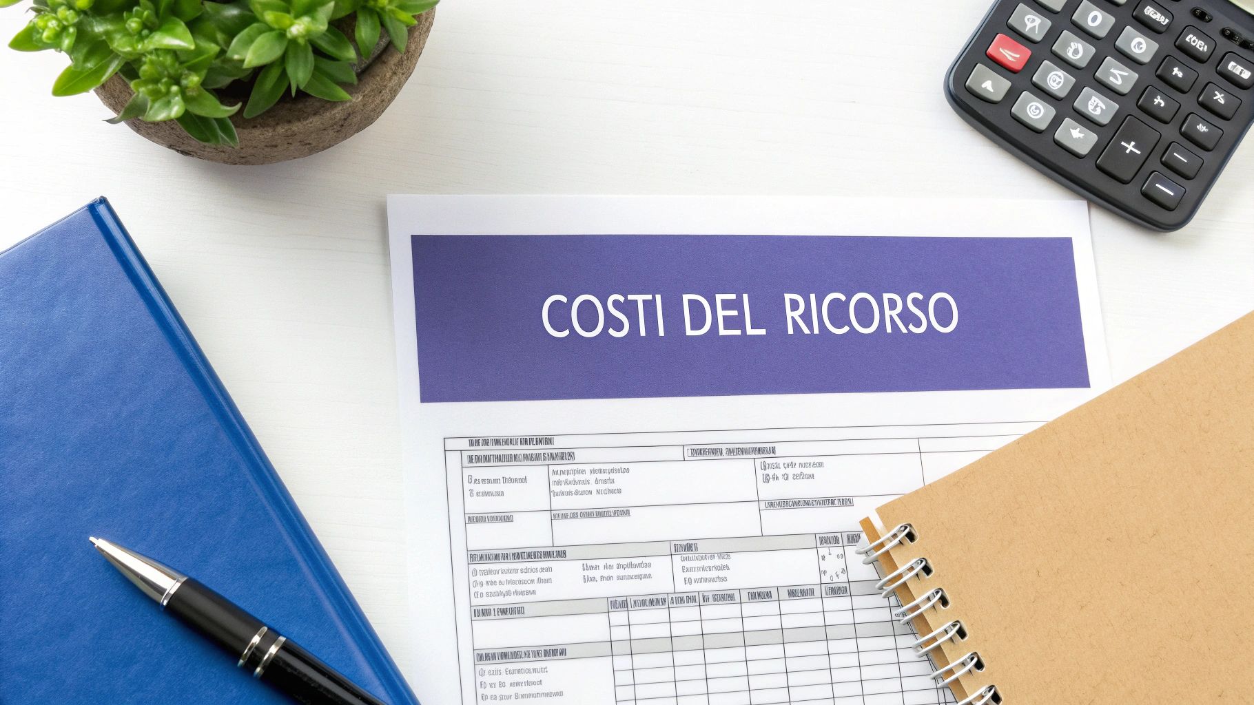 Vista dall'alto di un documento sui "Costi del Ricorso" con calcolatrice, quaderno e penna.
