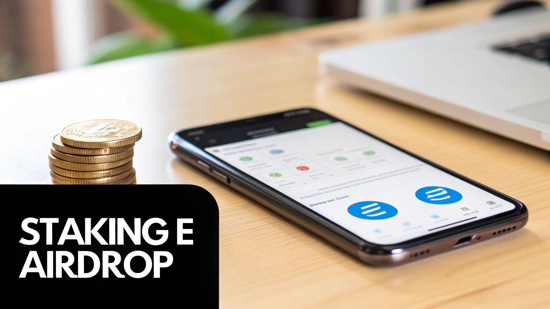 Monete d'oro e smartphone con app di criptovalute su un tavolo, con testo 'STAKING E AIRDROP'.