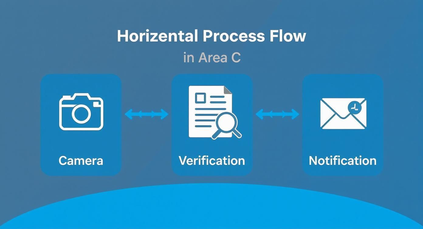 Infografica che mostra il processo della multa Area C in tre fasi: telecamera, accertamento e notifica.