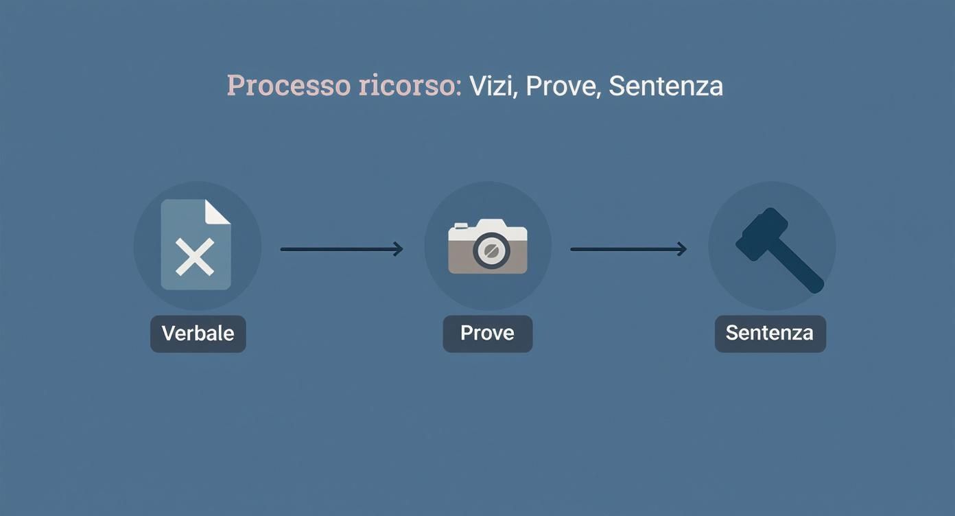 Diagramma di flusso che illustra il processo di ricorso con verbale, prove e sentenza.