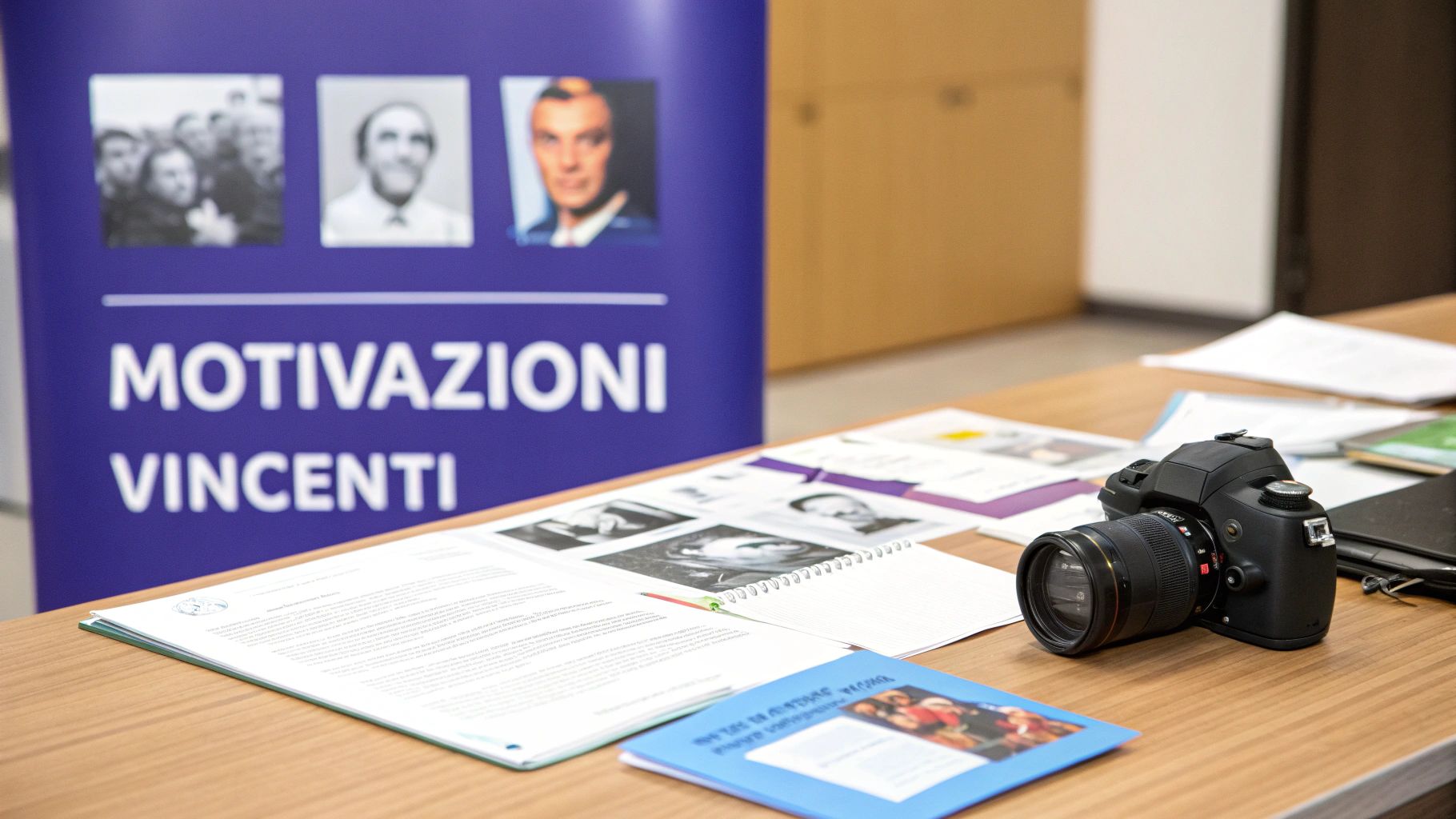 Materiali per workshop motivazionale con fotocamera, documenti e banner Motivazioni Vincenti su scrivania
