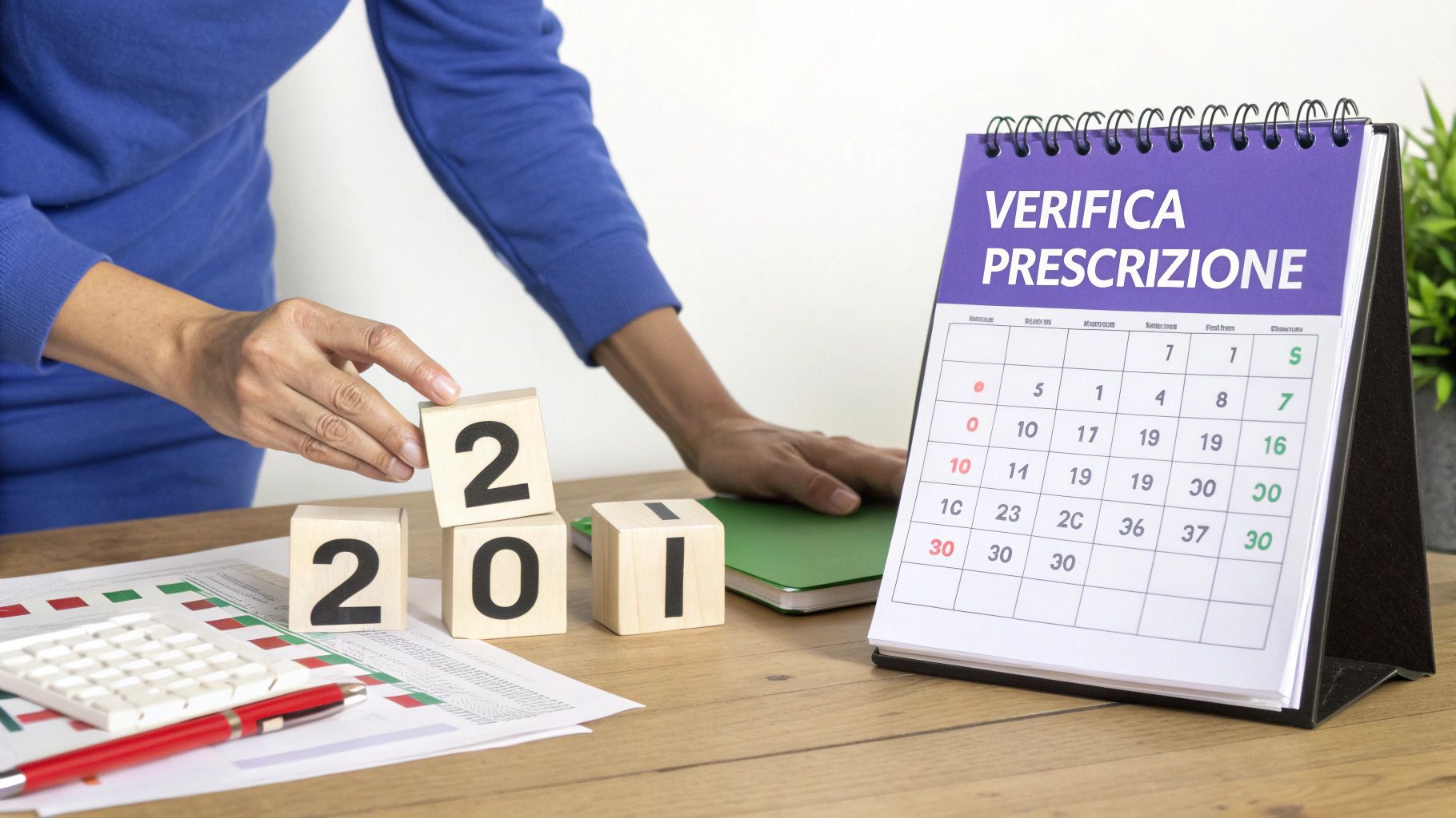 Mani sistemano blocchi di legno formando l'anno 2021 su una scrivania, con un calendario che mostra 'VERIFICA PRESCRIZIONE'.