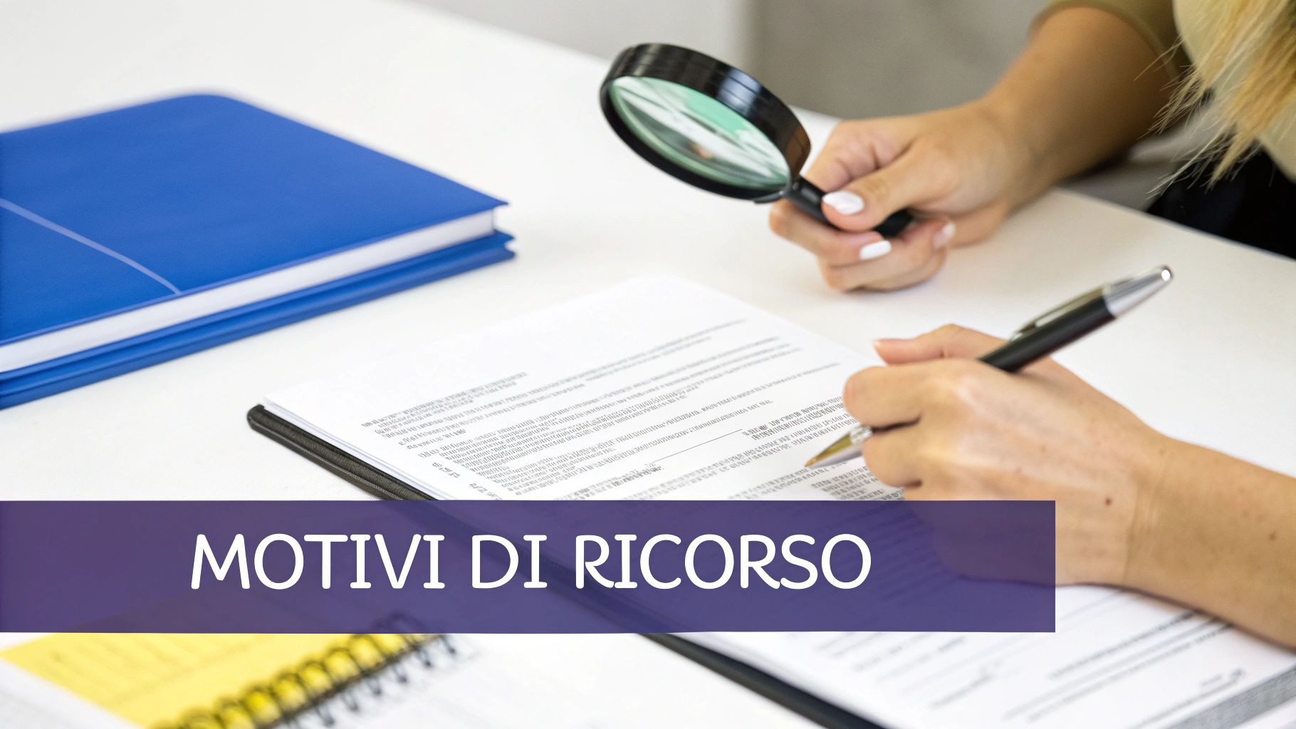 Mani su una scrivania bianca esaminano documenti con lente d'ingrandimento e penna, con testo "MOTIVI DI RICORSO".
