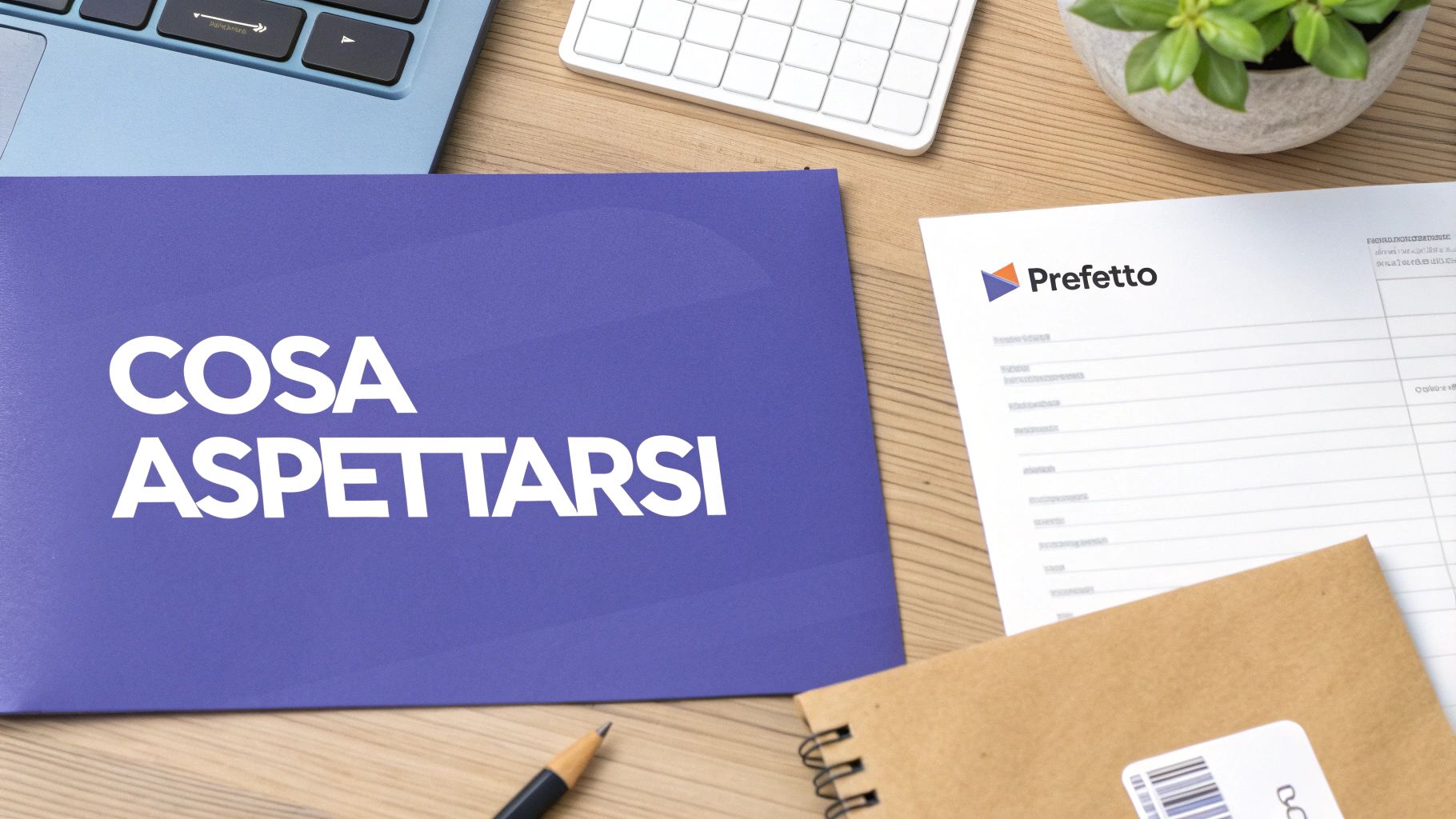 Documento viola con scritta 'Cosa Aspettarsi' e modulo Prefetto su scrivania con computer e cancelleria