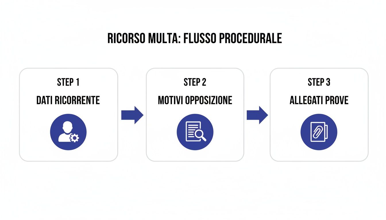 Descrizione del flusso procedurale per il ricorso multa, con passaggi chiari per dati, motivi e prove.