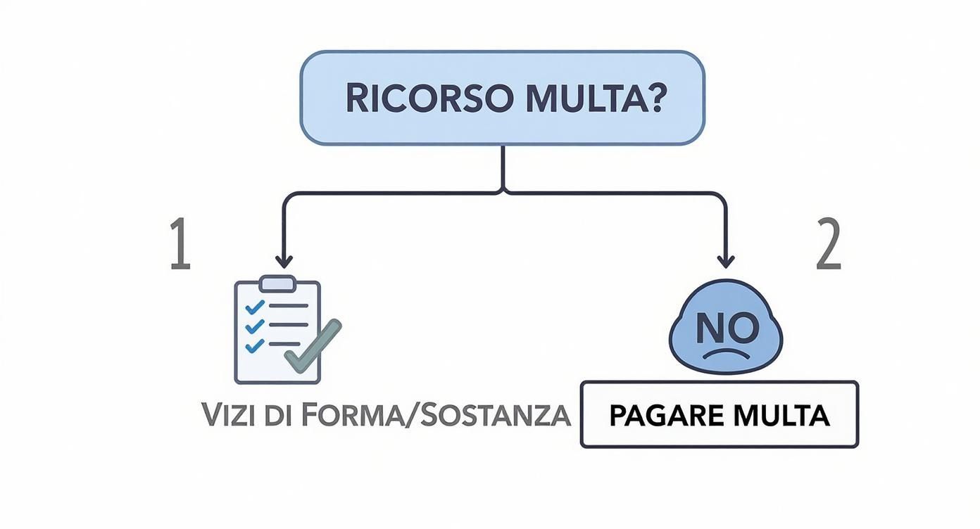 Diagramma di flusso decisionale per ricorso multa: controllo vizi formali o pagamento sanzione amministrativa