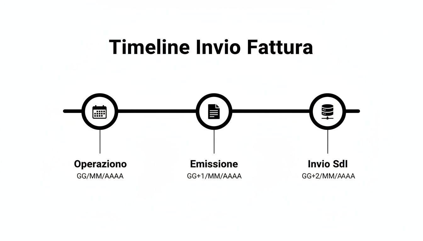 Cronologia dettagliata dell'invio di una fattura elettronica, mostrando i passaggi di operazione, emissione e invio al Sistema di Interscambio.