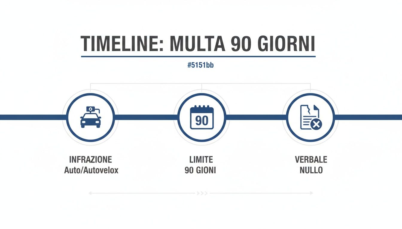Timeline che illustra il processo di una multa per autovelox: infrazione, limite di 90 giorni e verbale nullo.