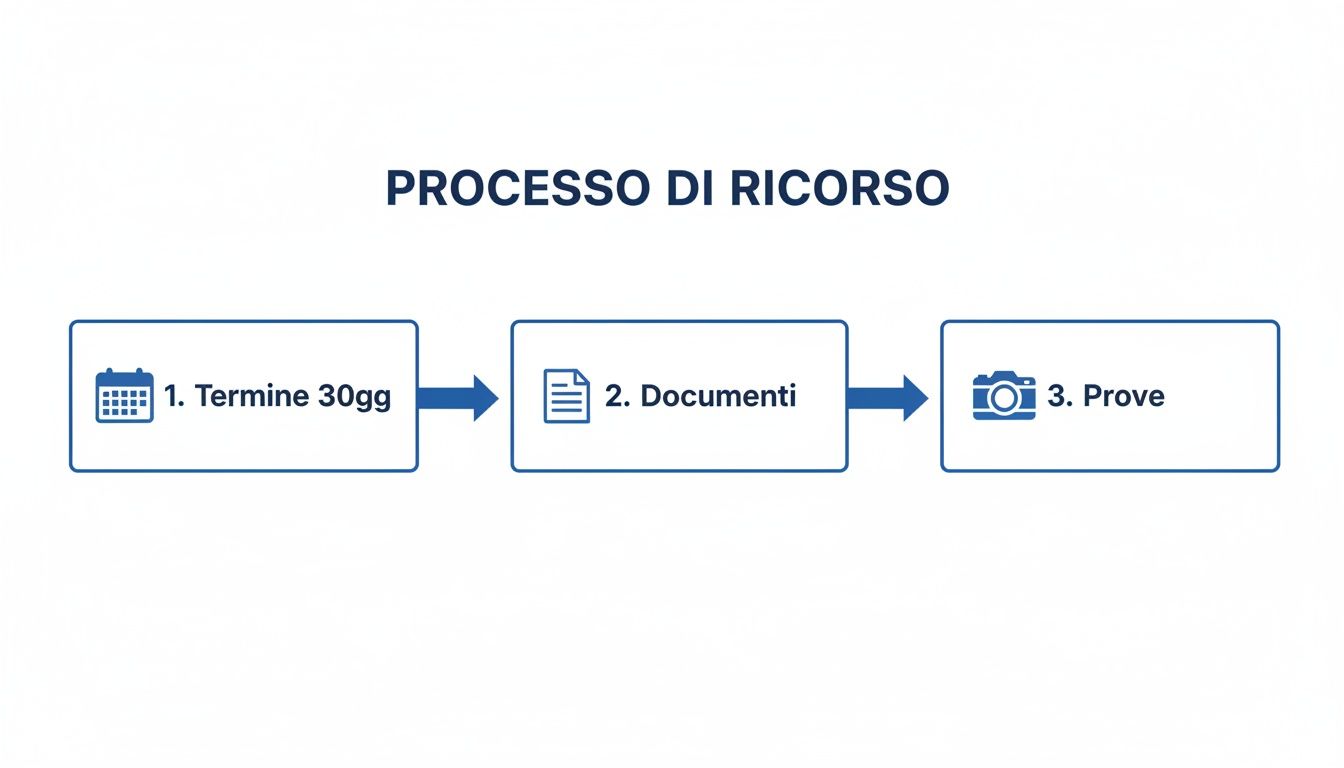 Schema dettagliato del processo di ricorso, mostrando i passaggi: termine di 30 giorni, documenti richiesti e raccolta delle prove.