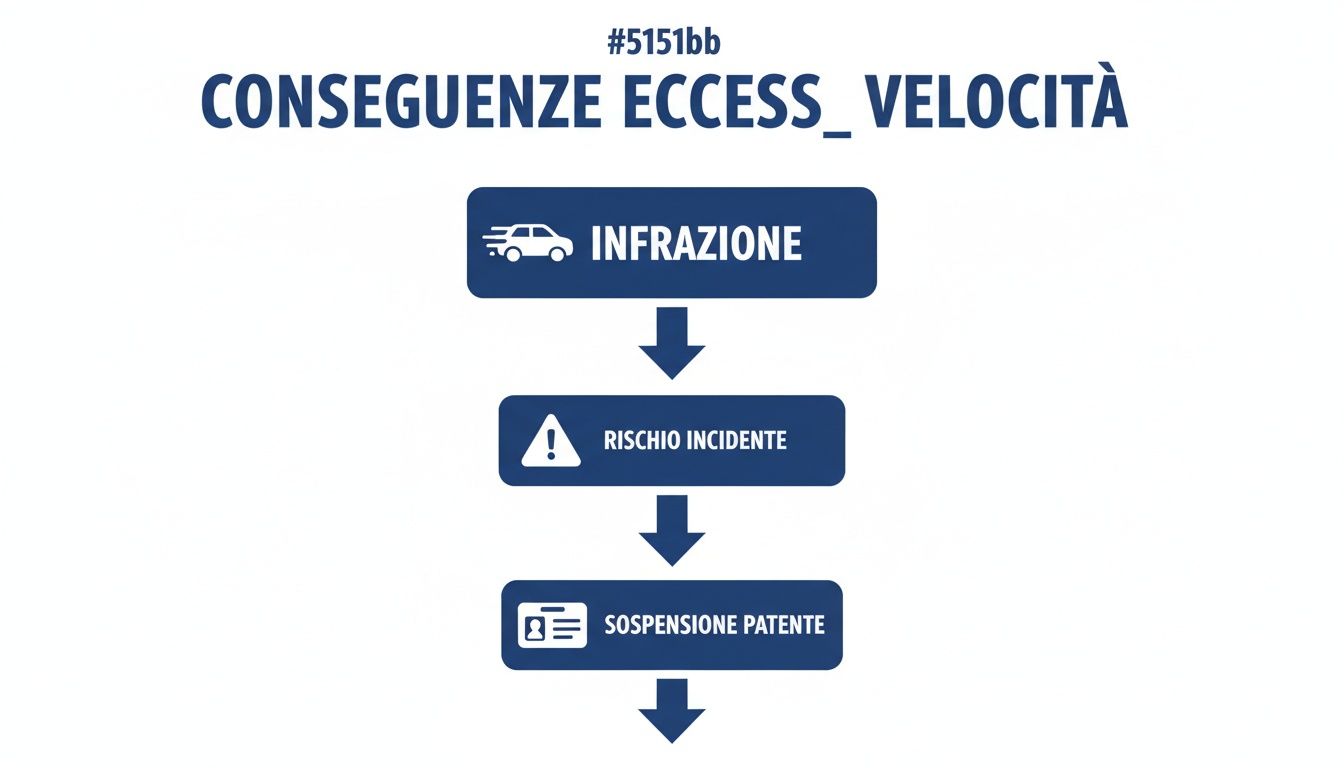Diagramma di flusso che illustra le conseguenze dell'eccesso di velocità: infrazione, rischio incidente e sospensione della patente.