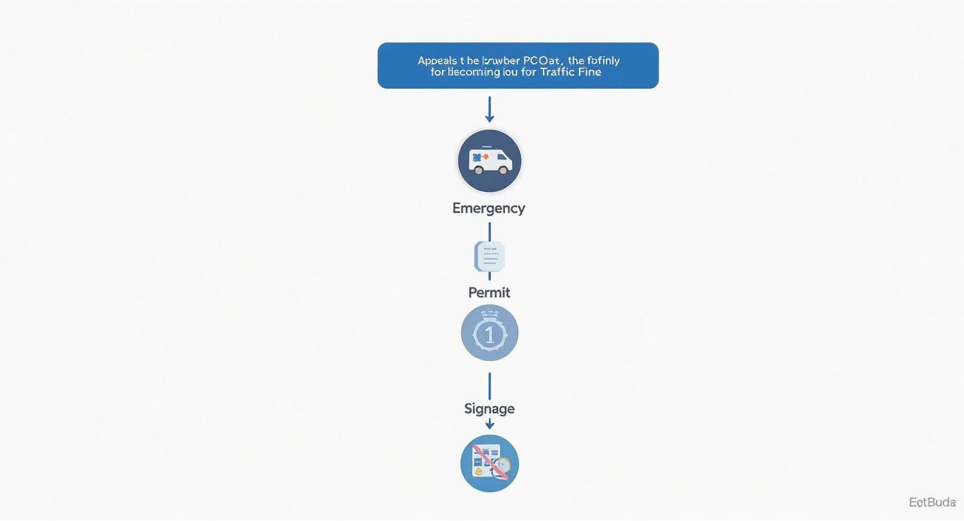 Infografica che mostra un albero decisionale con le principali ragioni per contestare una multa ZTL, tra cui emergenza, permessi speciali e segnaletica non visibile.