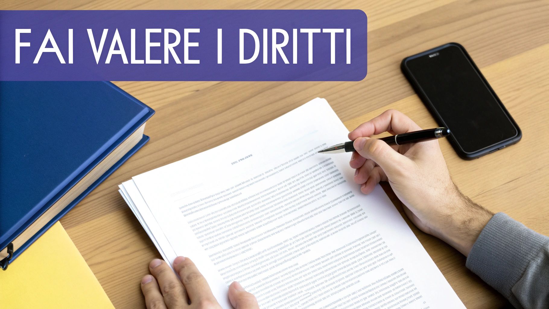 Una persona firma un documento su una scrivania di legno, con un libro blu, uno smartphone e il testo "FAI VALERE I DIRITTI".