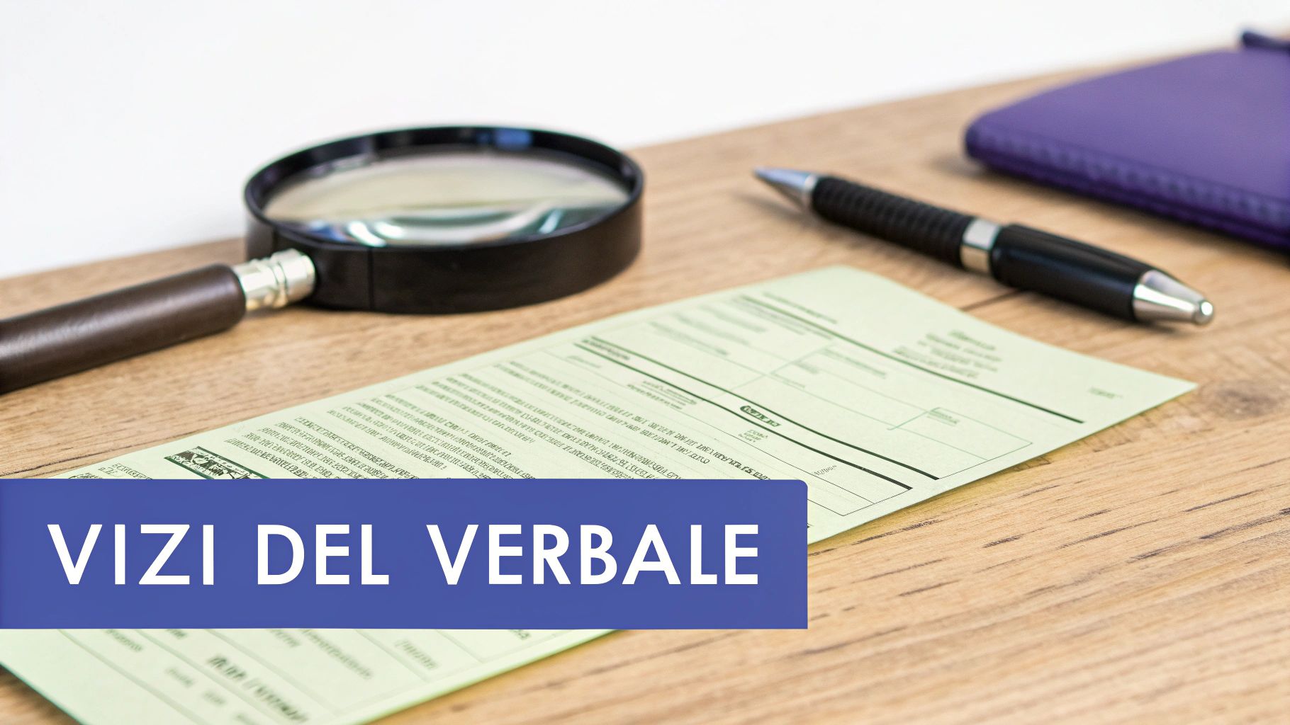 Una lente d'ingrandimento, una penna e un documento su un tavolo di legno, evidenziando 'Vizi del Verbale'.