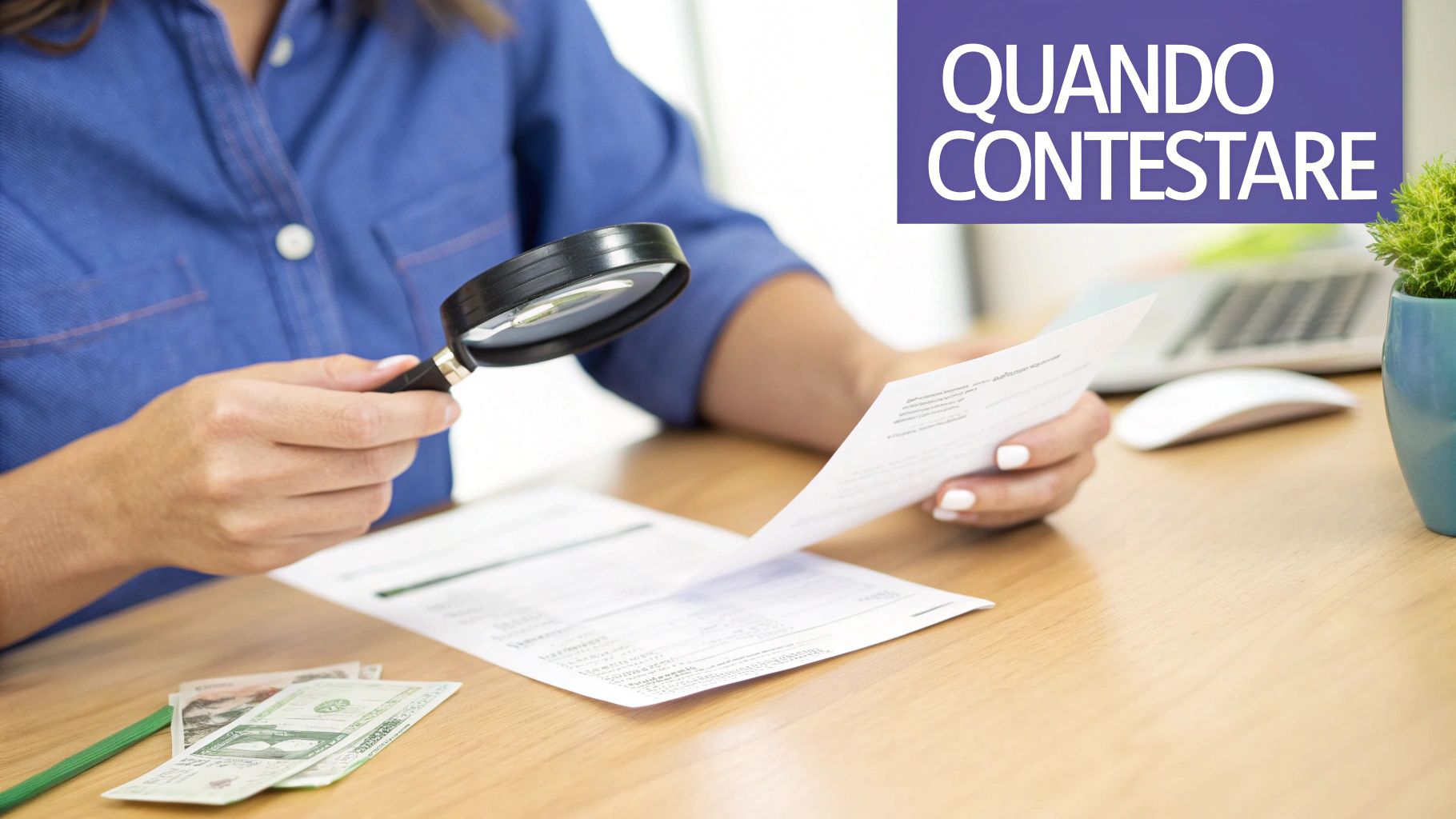 Donna con lente d'ingrandimento che legge attentamente documenti su una scrivania, con la frase 'QUANDO CONTESTARE'.