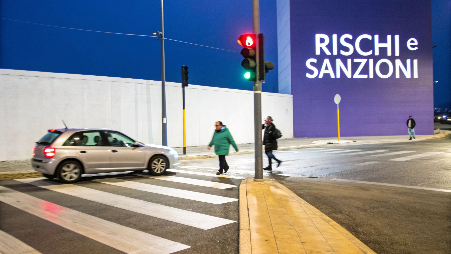 Pedoni che attraversano con semaforo rosso mentre un'auto passa vicino all'incrocio urbano al crepuscolo