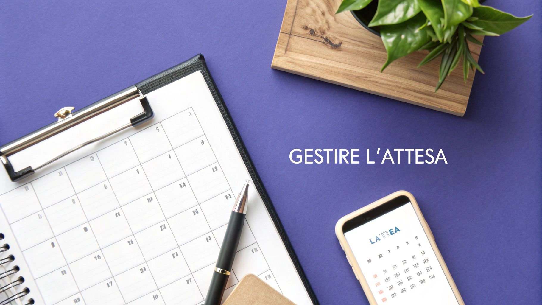 Scrivania ordinata con calendario, penna, smartphone con app calendario e piccola pianta. Il testo dice 'GESTIRE L'ATTESA'.