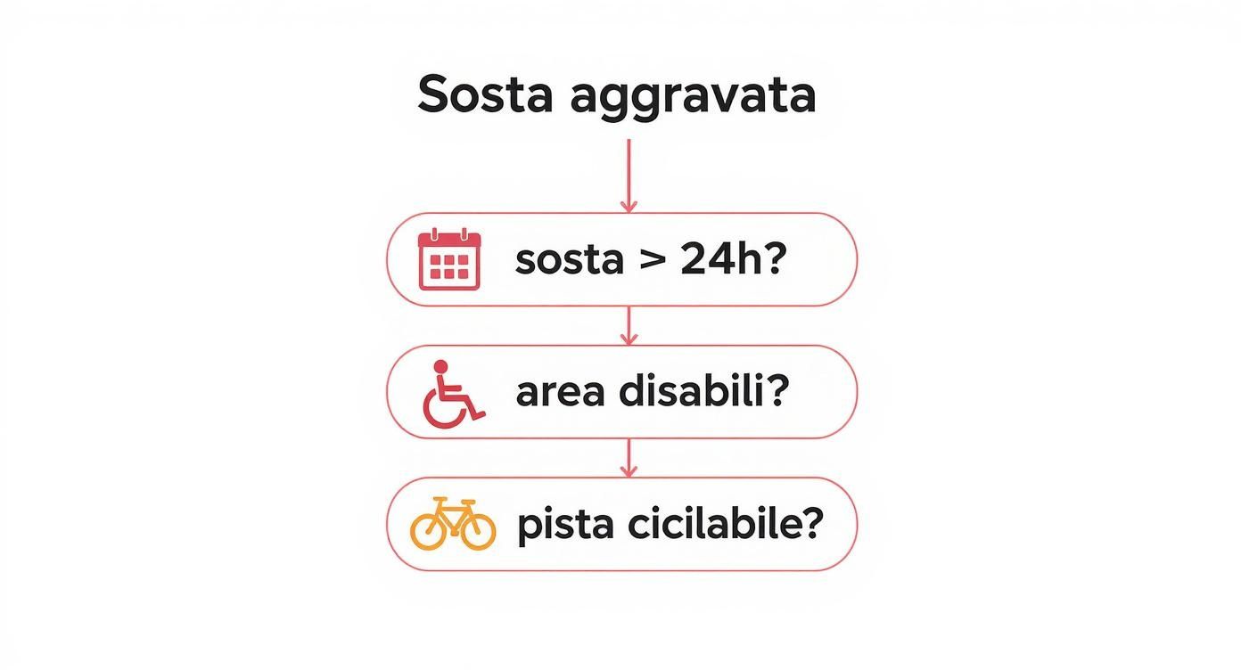 Infografica che mostra un albero decisionale per identificare i casi di sosta aggravata, come la sosta per più di 24 ore, in aree per disabili o su piste ciclabili.