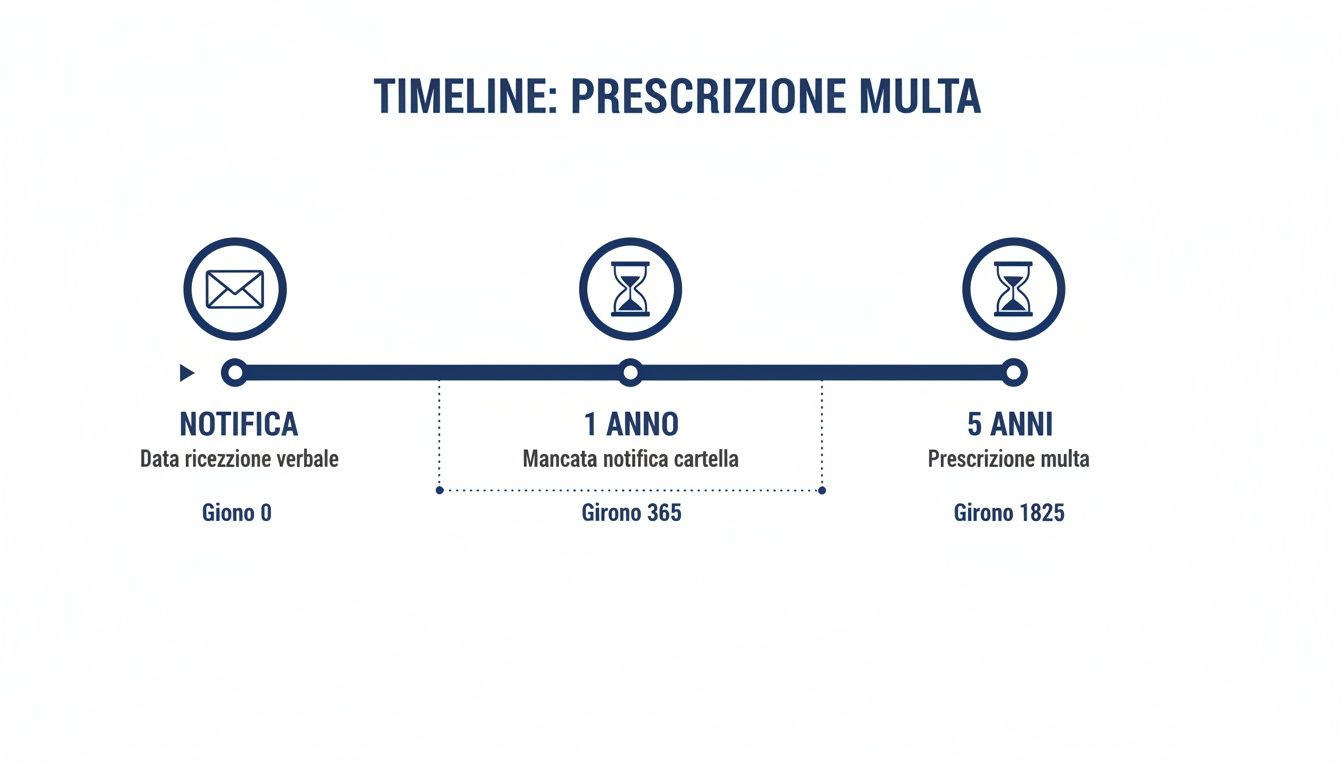 Infografica timeline che illustra i tempi di prescrizione per una multa, dalla notifica al giorno 1825.