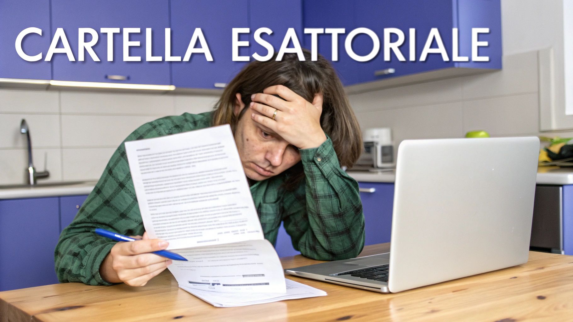 Uomo preoccupato legge una cartella esattoriale, con la mano sulla testa, accanto a un laptop in cucina.
