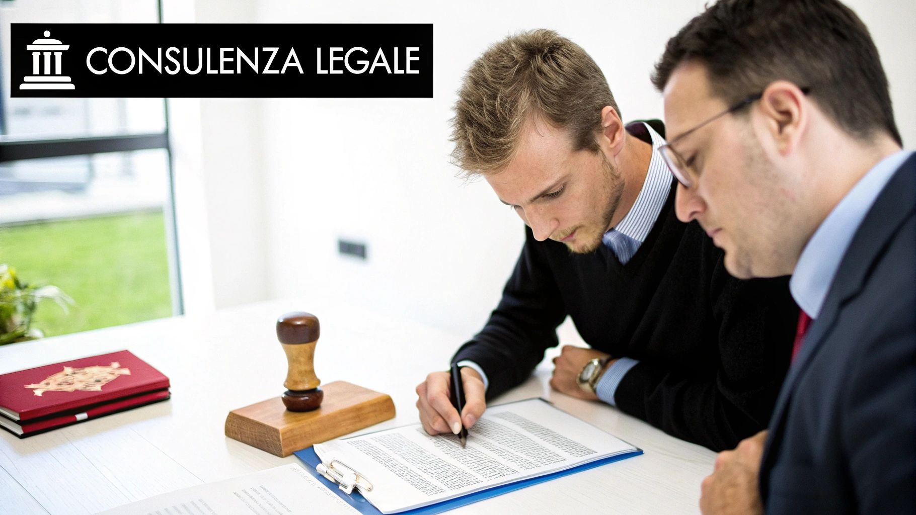 Due uomini, probabilmente avvocati o consulenti, esaminano e firmano documenti legali durante una consulenza professionale.