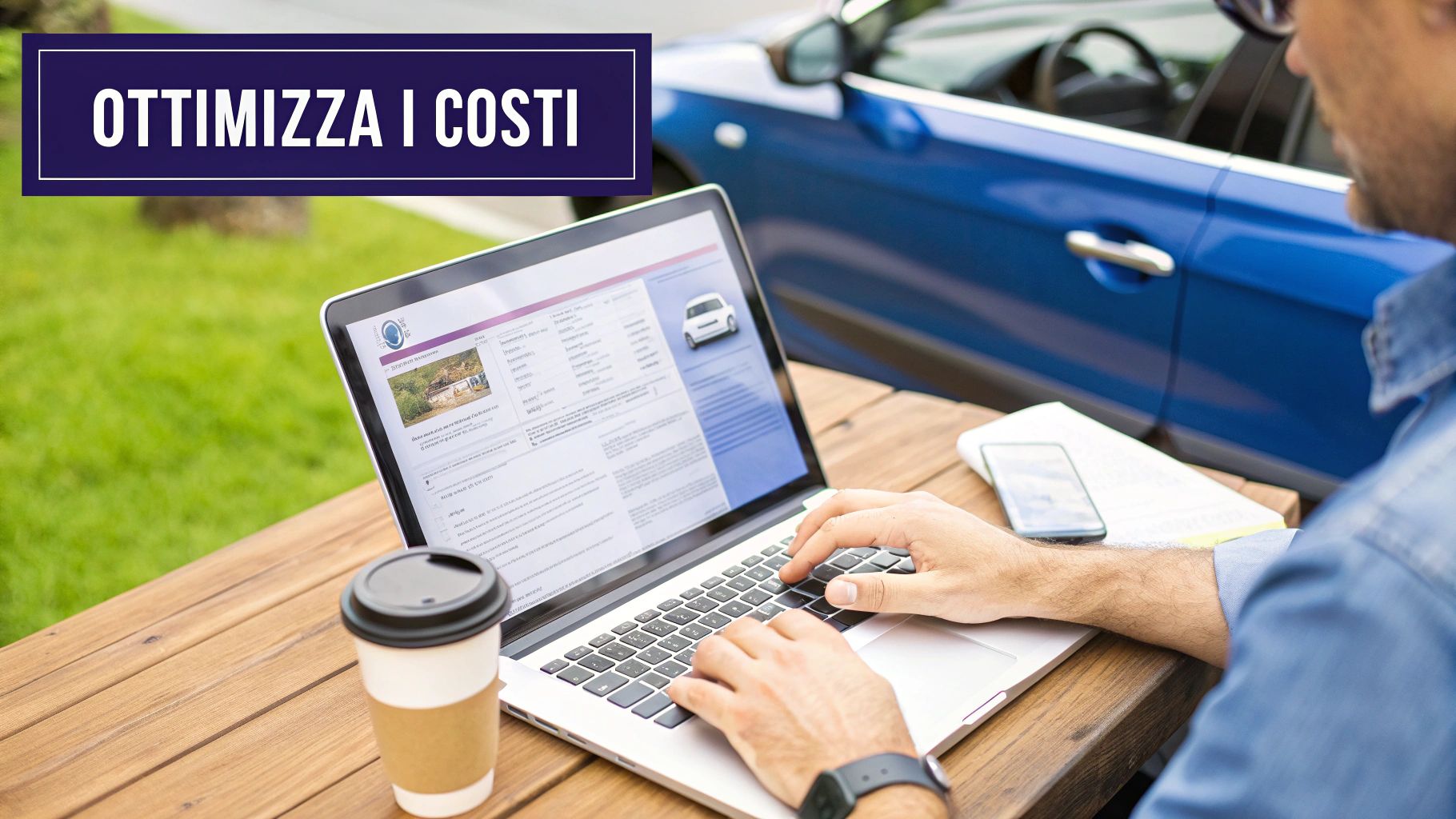 Un uomo usa un laptop all'aperto su un tavolo di legno, confrontando opzioni online per ottimizzare i costi, con una tazza di caffè e un telefono.