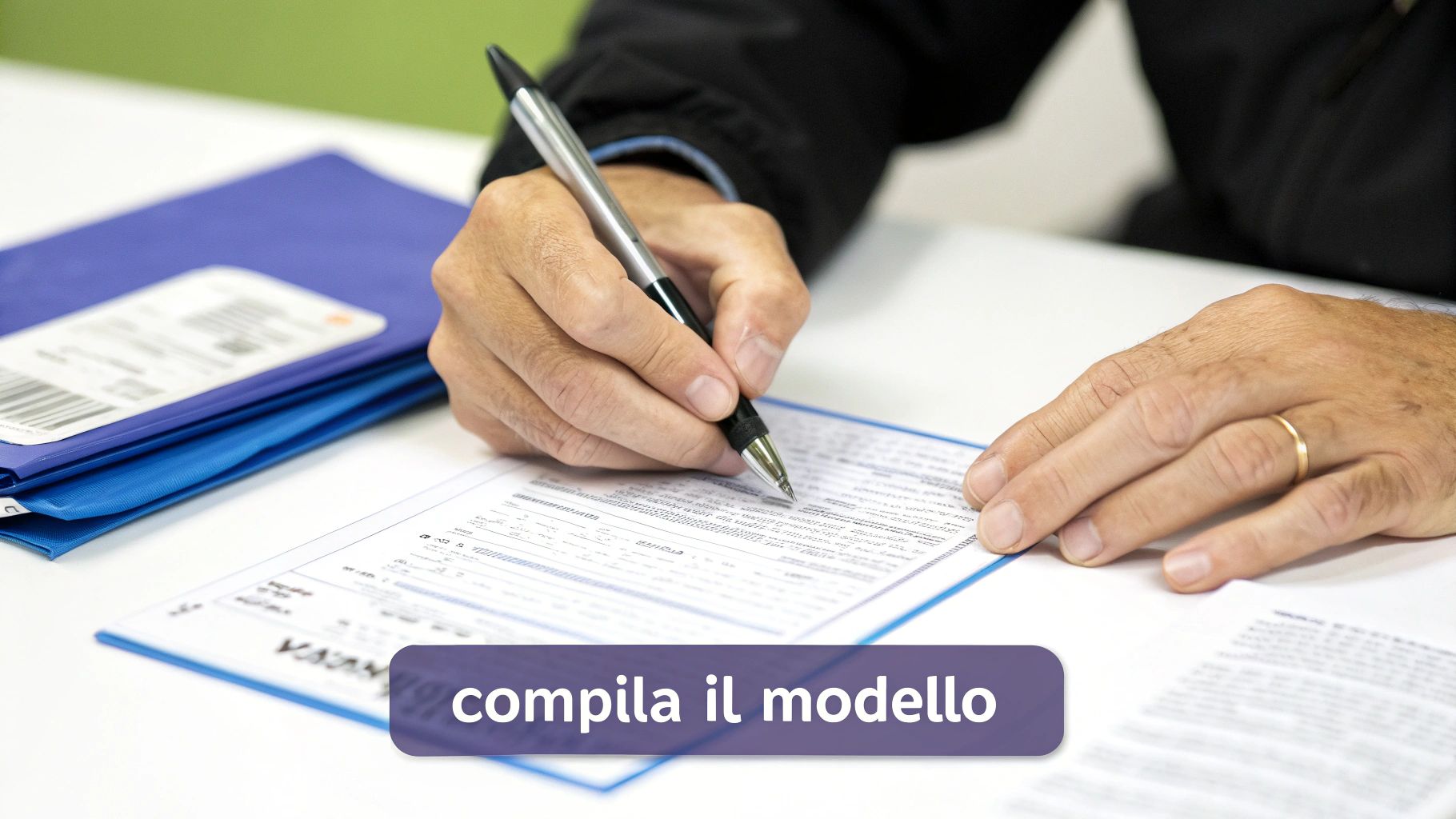 Mani di una persona che compilano un modulo con una penna, con cartelle blu in sottofondo.