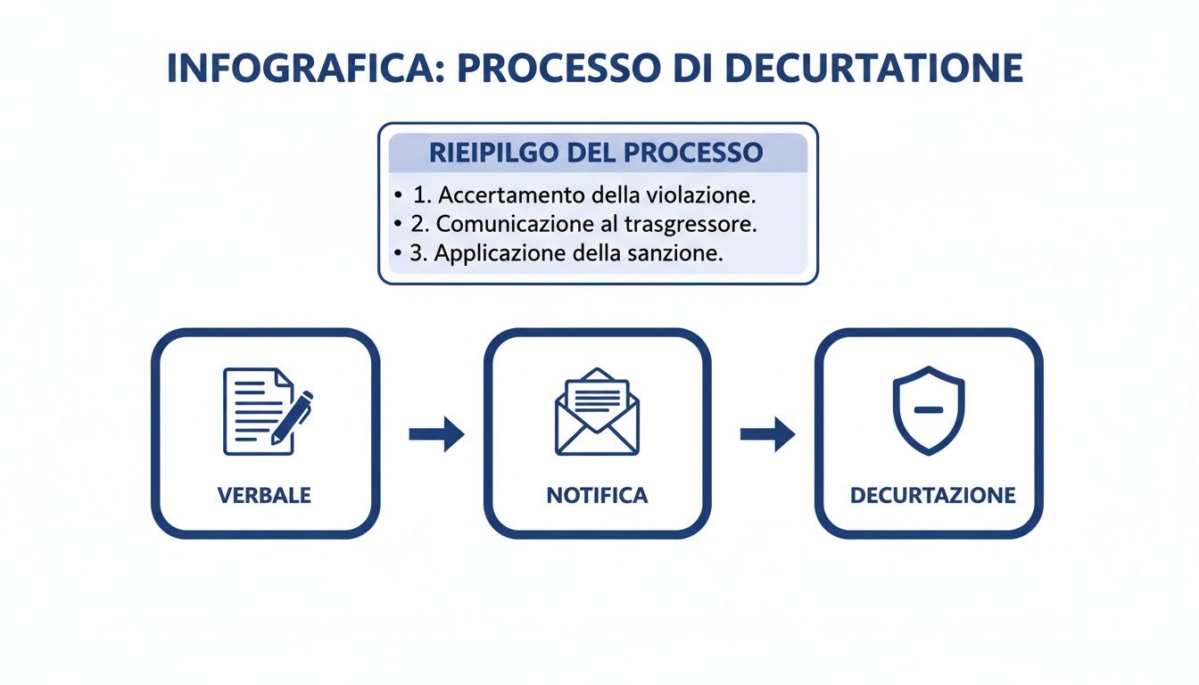 Infografica del processo di decurtazione punti patente, con riepilogo delle fasi: accertamento, comunicazione e sanzione.