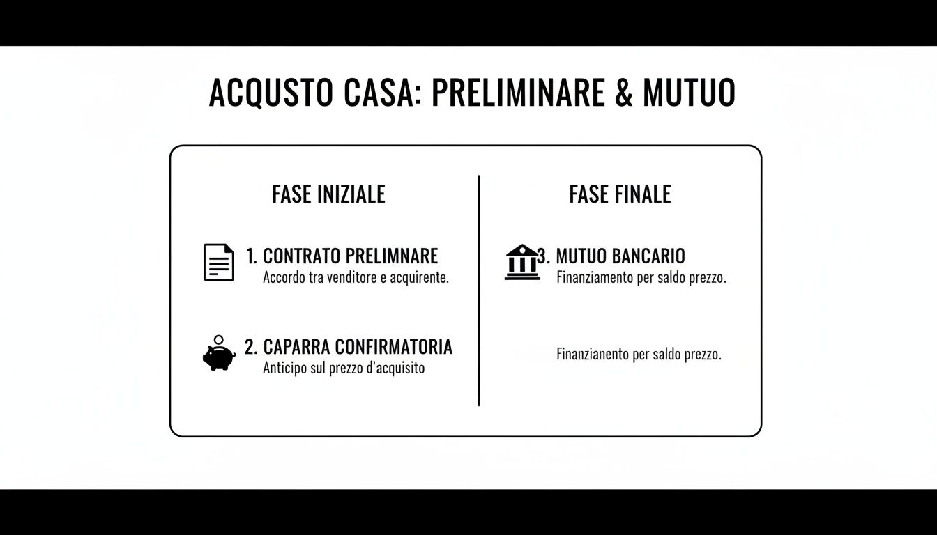 Schema dettagliato delle fasi iniziali e finali per l'acquisto di una casa, inclusi contratto, caparra e mutuo bancario.