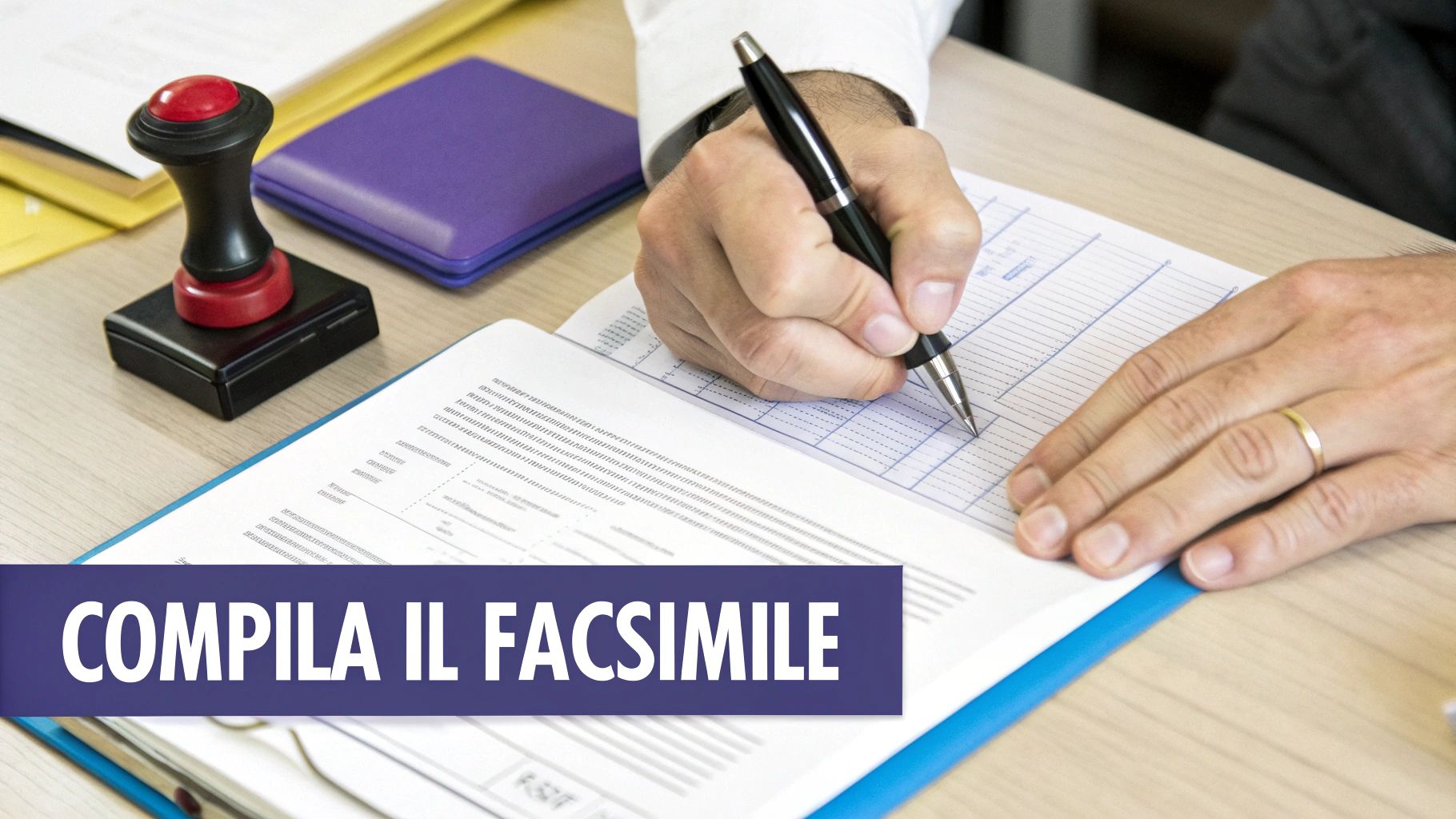 Mani di persona che scrive su un documento, con timbro e raccoglitori sullo sfondo.