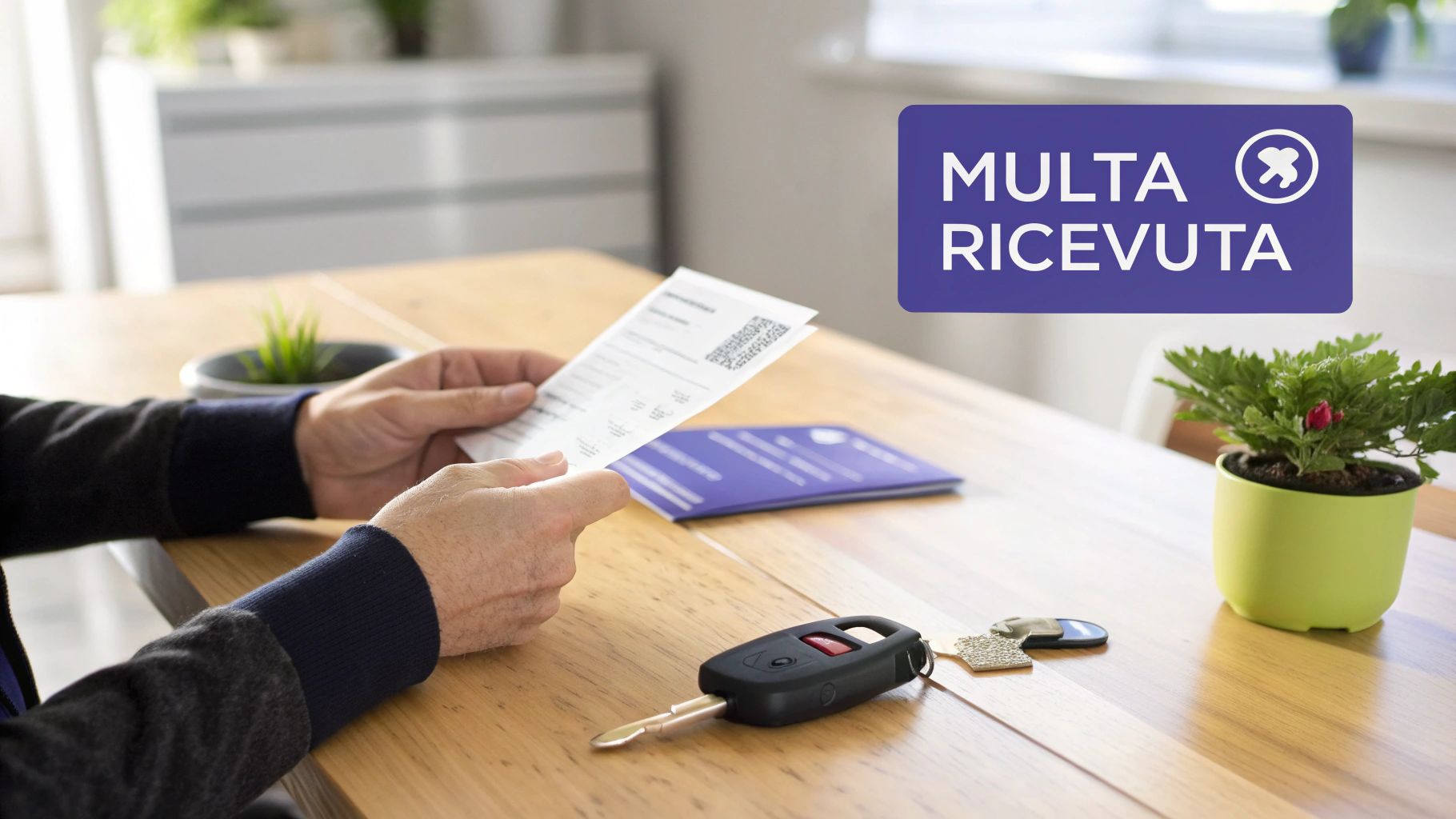 Mani di una persona leggono un documento su un tavolo di legno, con chiavi dell'auto e una pianta. Sovrapposizione grafica: MULTA RICEVUTA.