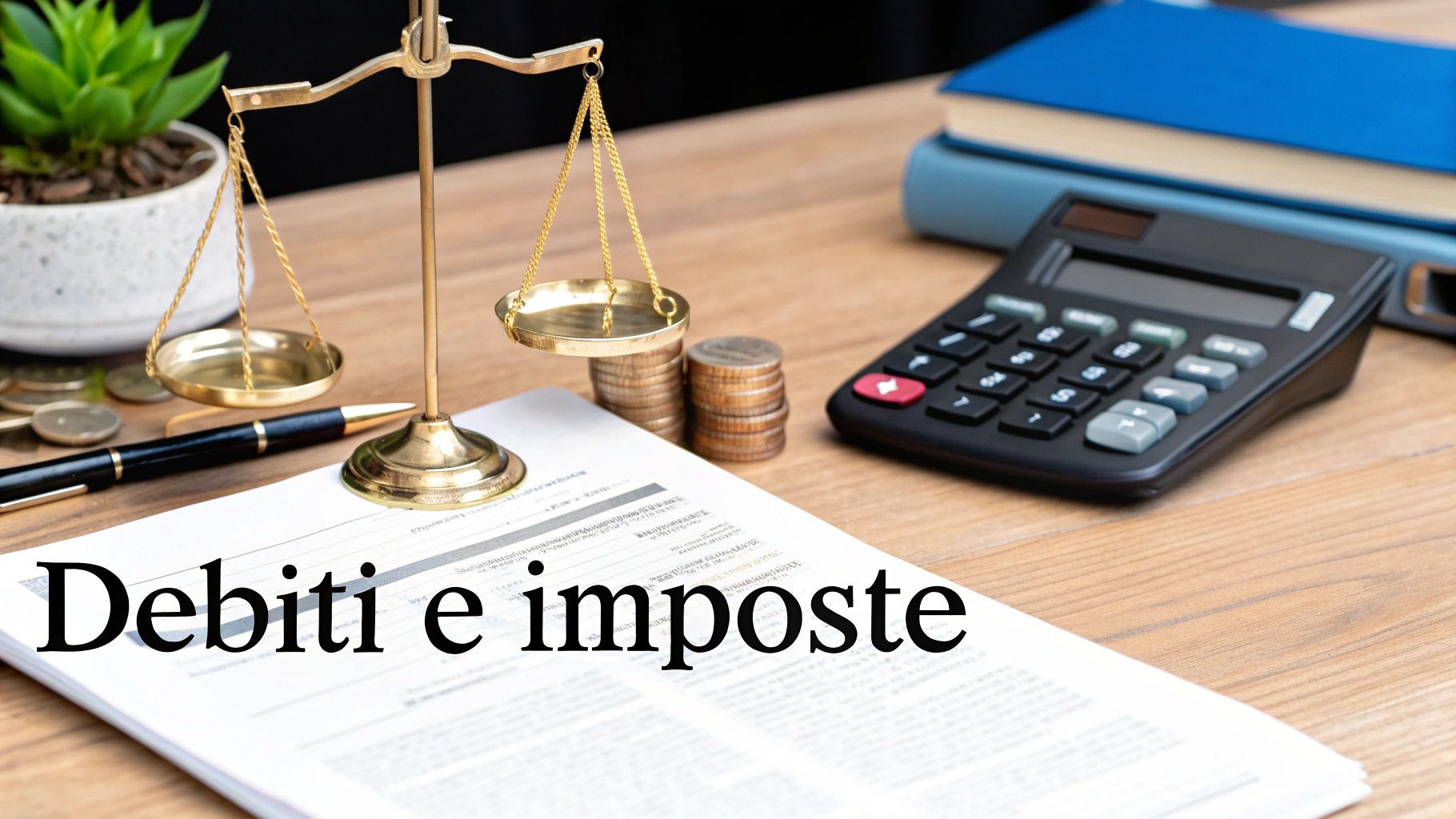 Una scrivania con bilancia della giustizia, monete, documenti con la scritta 'Debiti e imposte', calcolatrice e libri.