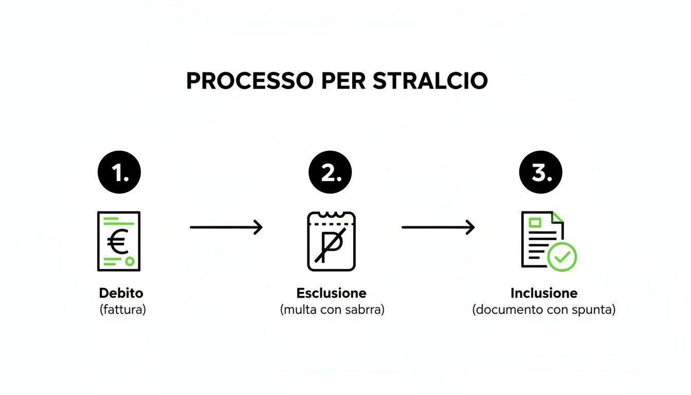 Diagramma che illustra il processo di stralcio delle cartelle, dai debiti all'esclusione e inclusione.
