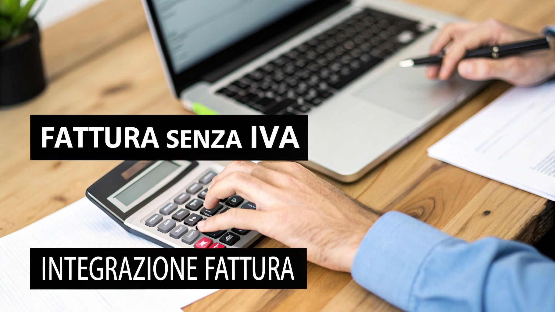 Una persona lavora al computer e calcolatrice su una scrivania in legno, con i testi 'FATTURA SENZA IVA' e 'INTEGRAZIONE FATTURA' in evidenza.