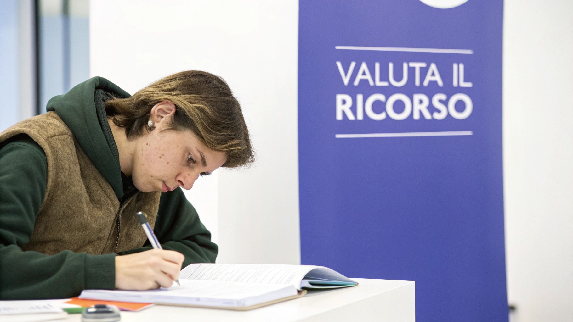 Giovane persona scrive attentamente su un quaderno, con uno striscione blu "VALUTA IL RICORSO" sullo sfondo.