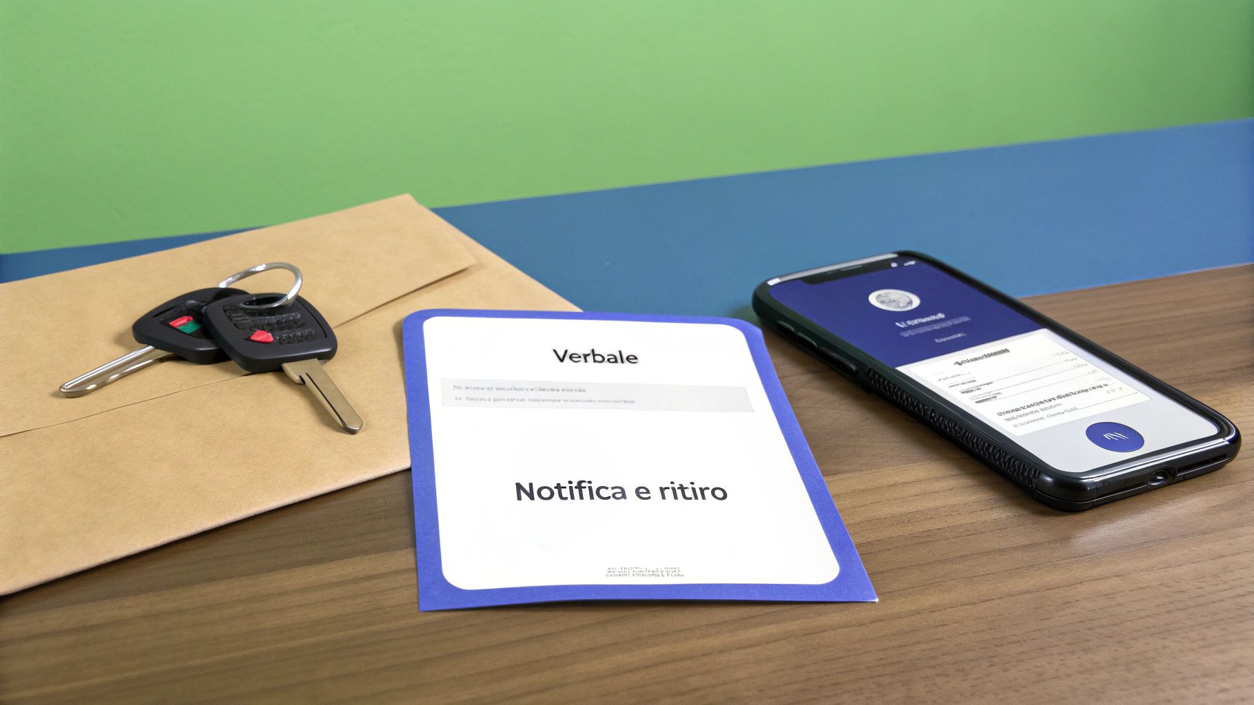 Chiavi auto, busta, documento 'Verbale Notifica e ritiro' e smartphone su tavolo di legno, suggerendo comunicazioni ufficiali.