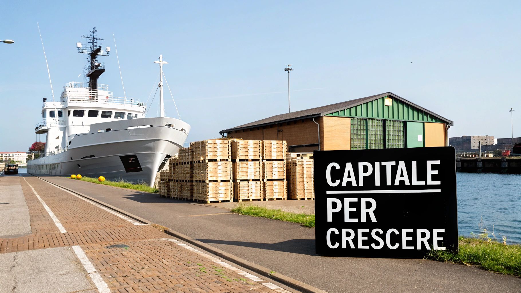 Nave attraccata in un porto con casse di legno e un cartello nero che recita 'CAPITALE PER CRESCERE'.