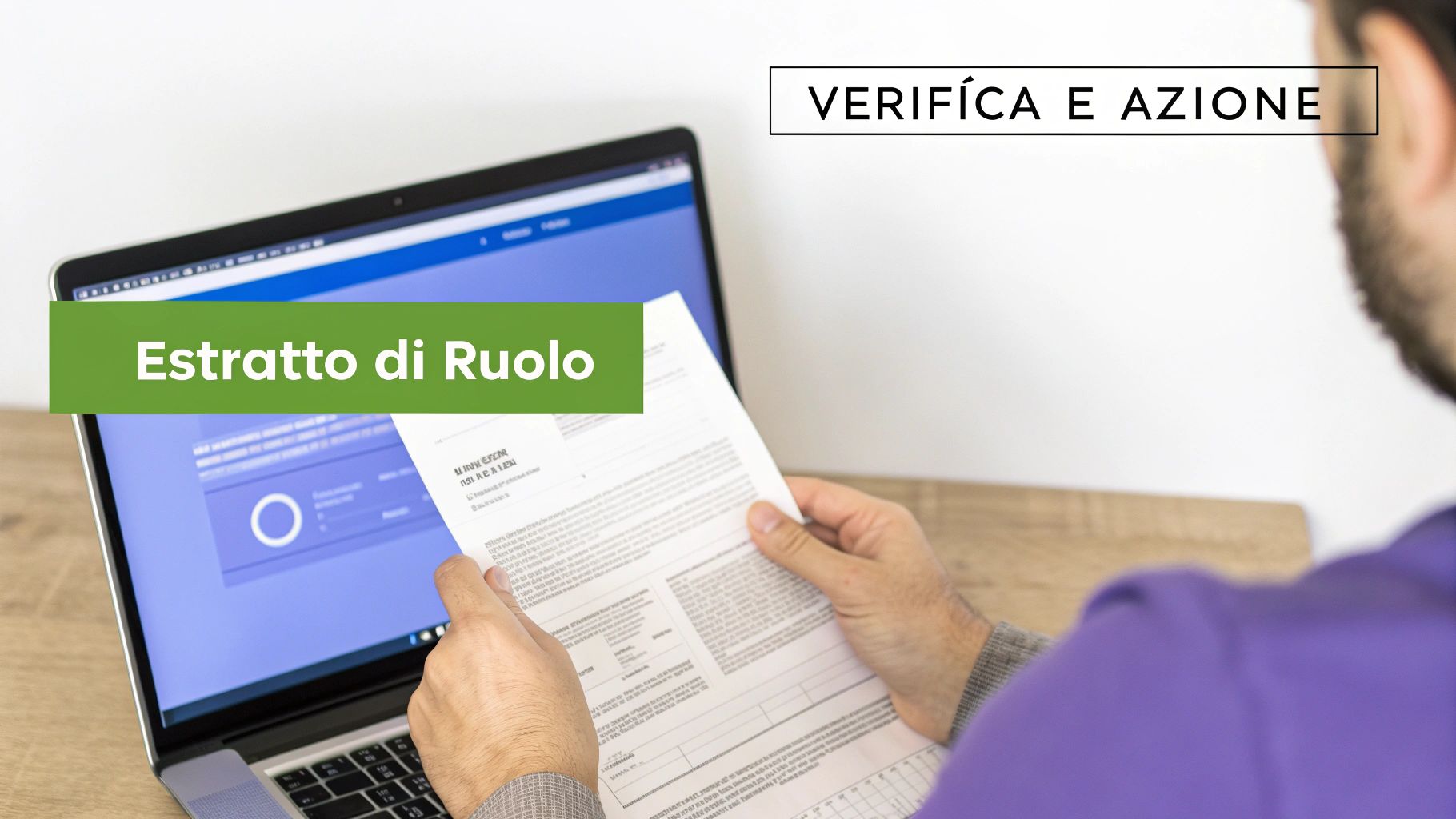 Uomo esamina un Estratto di Ruolo cartaceo e digitale, confrontando dati per verifica e azione.