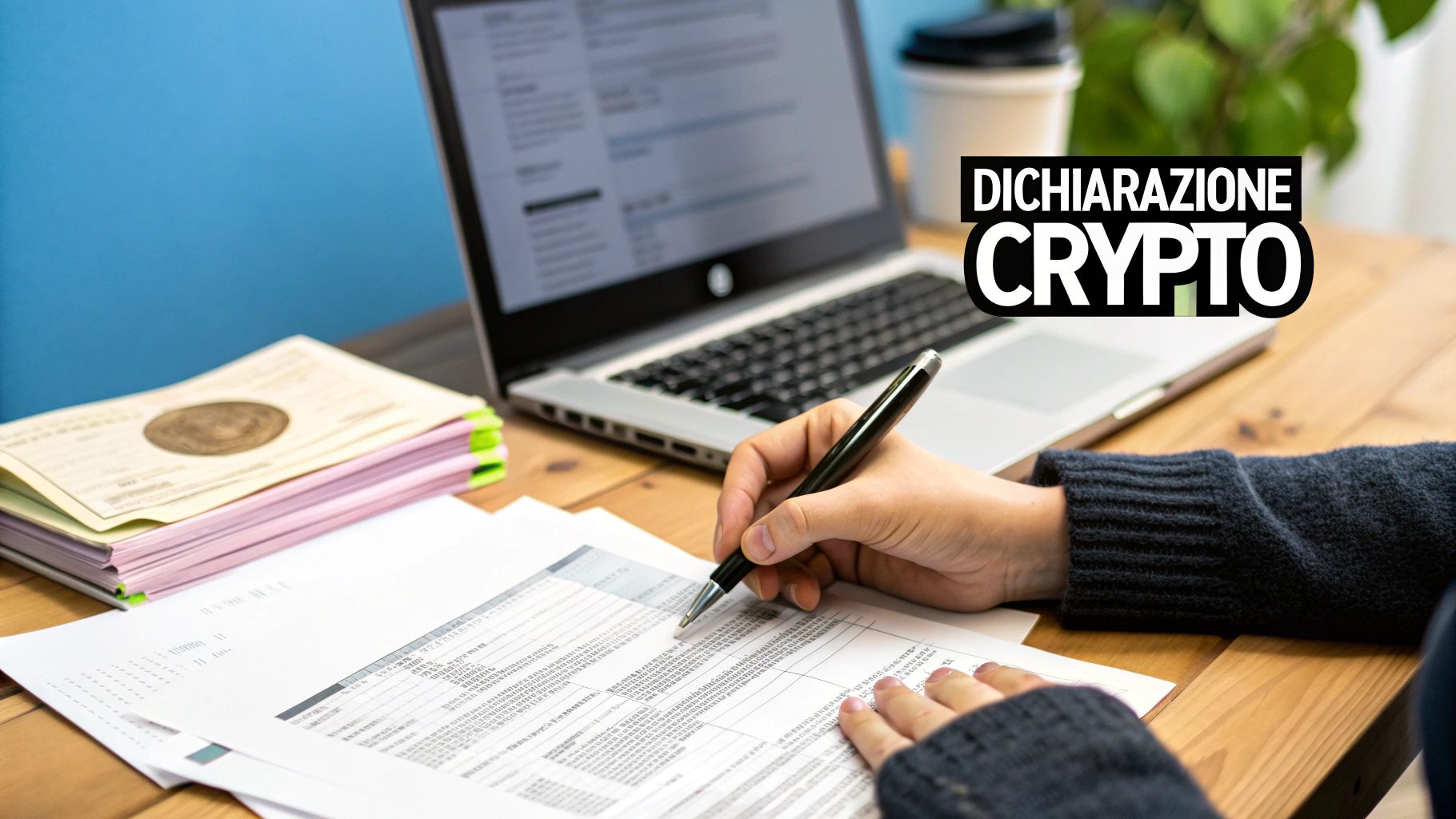 Persona che compila moduli fiscali su un tavolo di legno con laptop, documenti e testo "DICHIARAZIONE CRYPTO".