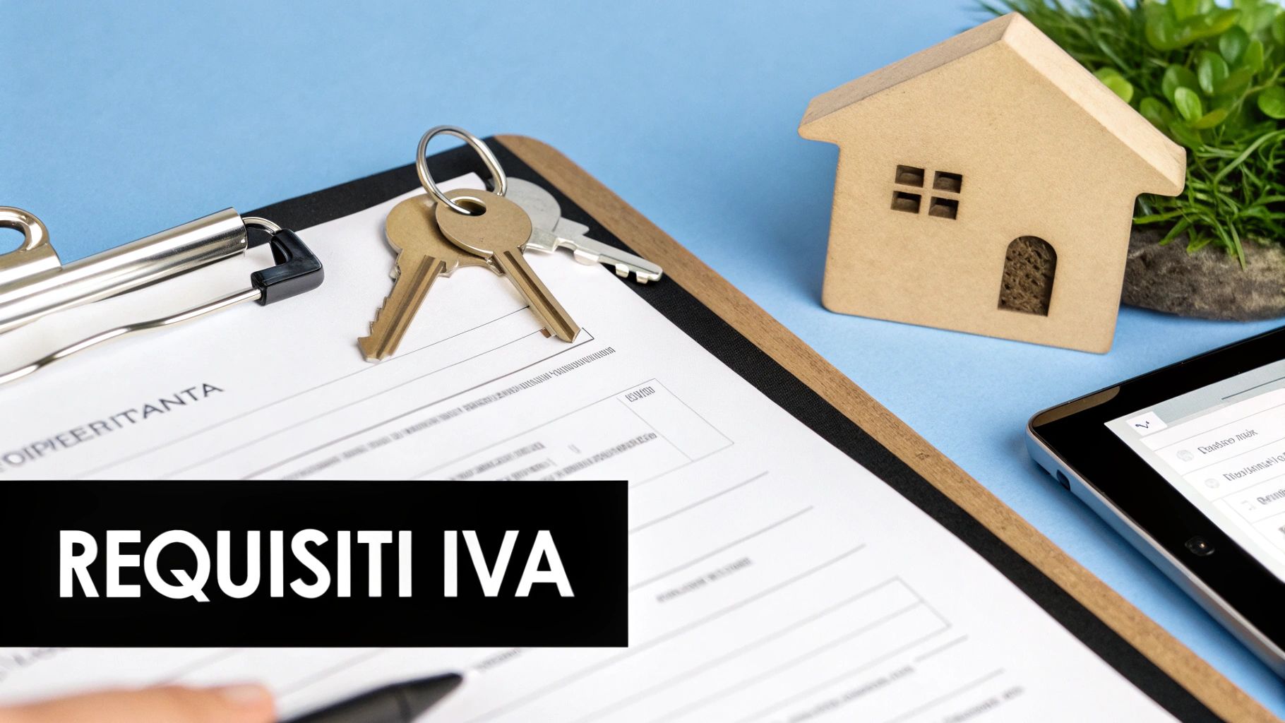 Documenti, chiavi di casa, modello di casa e testo 'REQUISITI IVA' su sfondo azzurro.
