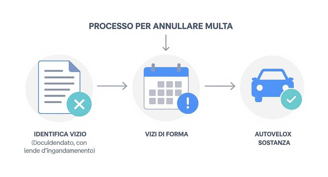Diagramma di flusso che illustra il processo per annullare una multa, identificando vizi formali e sostanziali.