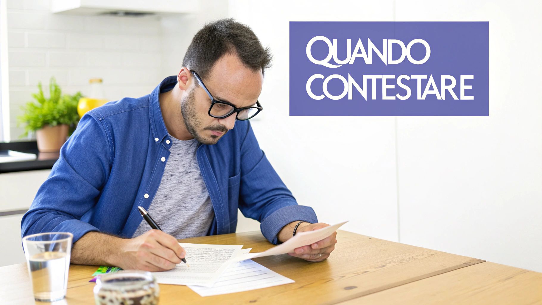 Uomo con occhiali che compila documenti per contestare una multa alla scrivania