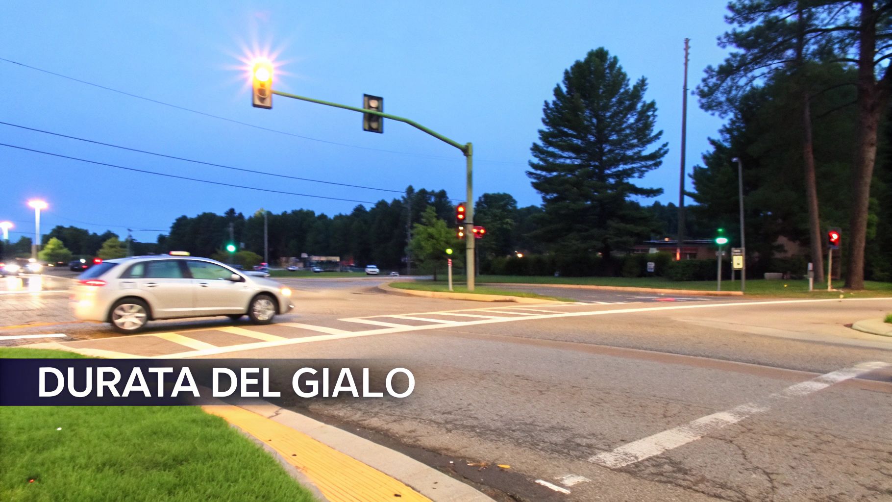 Un incrocio di notte con semaforo giallo acceso e un'auto che gira, illustrando la durata del giallo.