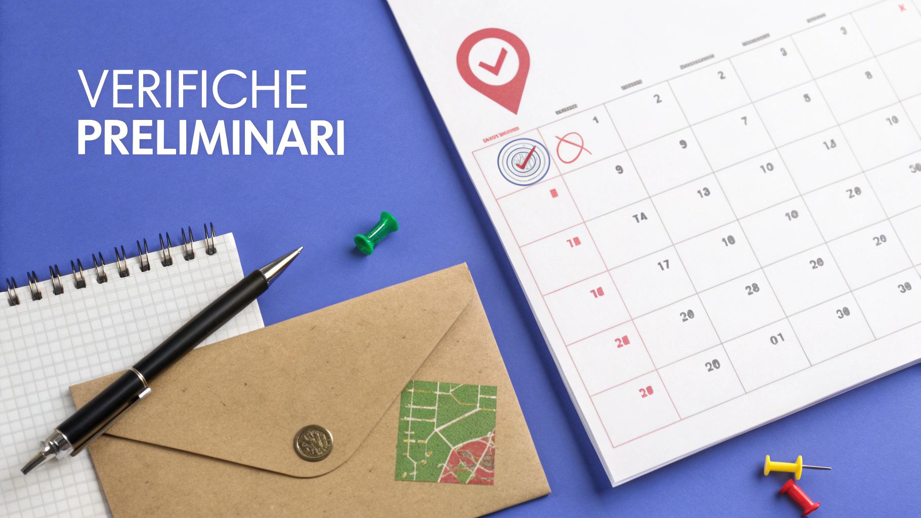 Scrivania con calendario, notebook, penna, busta e puntine, con testo 'Verifiche preliminari'.