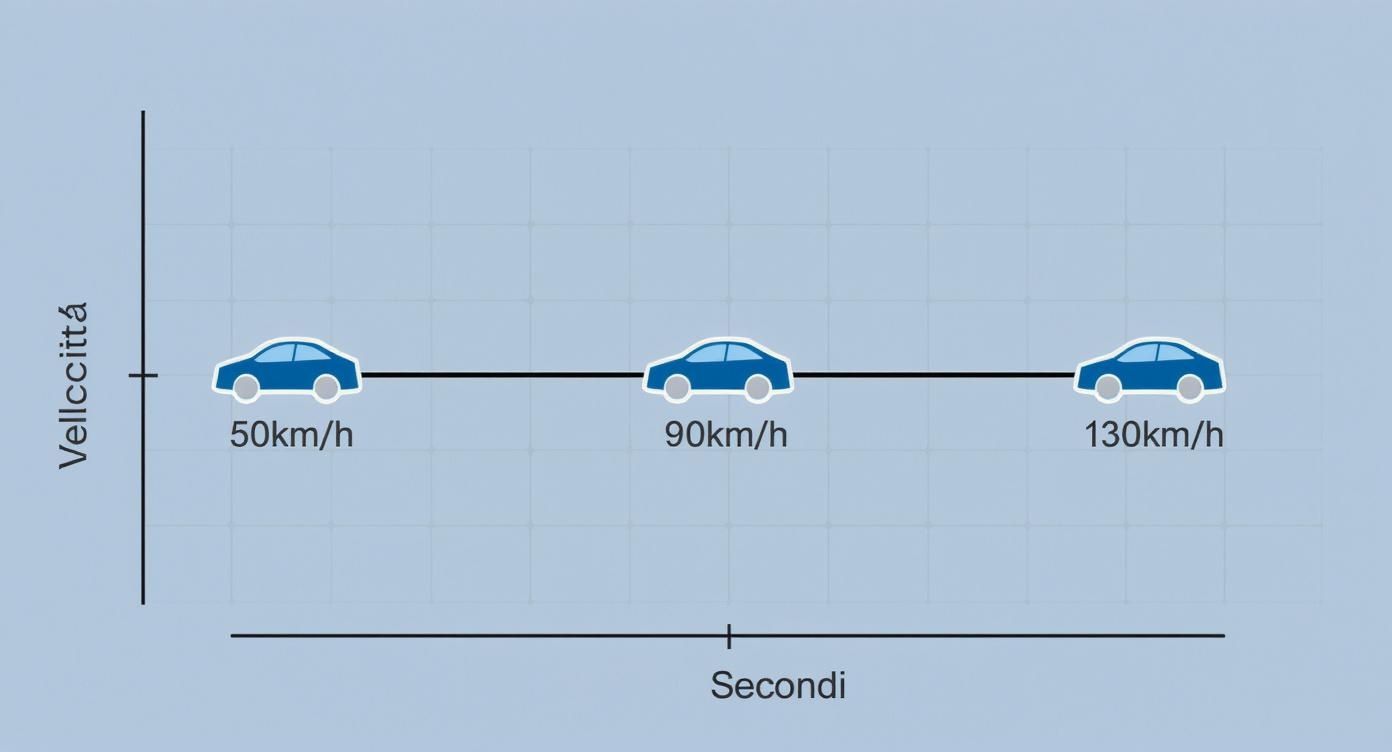 Infografica che mostra la relazione tra velocità e secondi necessari per l'arresto, con icone di auto a 50, 90 e 130 km/h