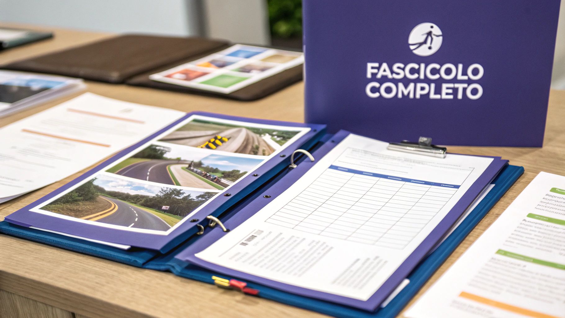 Una persona organizza documenti e fotografie su un tavolo.