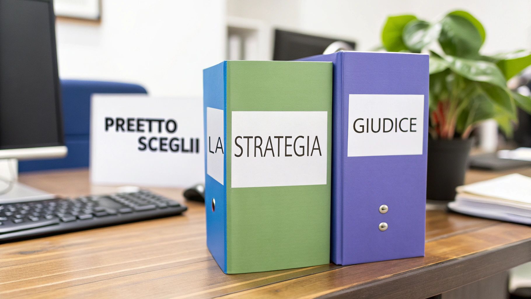 Scrivania d'ufficio con due raccoglitori etichettati 'STRATEGIA' e 'GIUDICE' e un cartello con la scritta 'PREETTO SCEGLI LA STRATEGIA'.