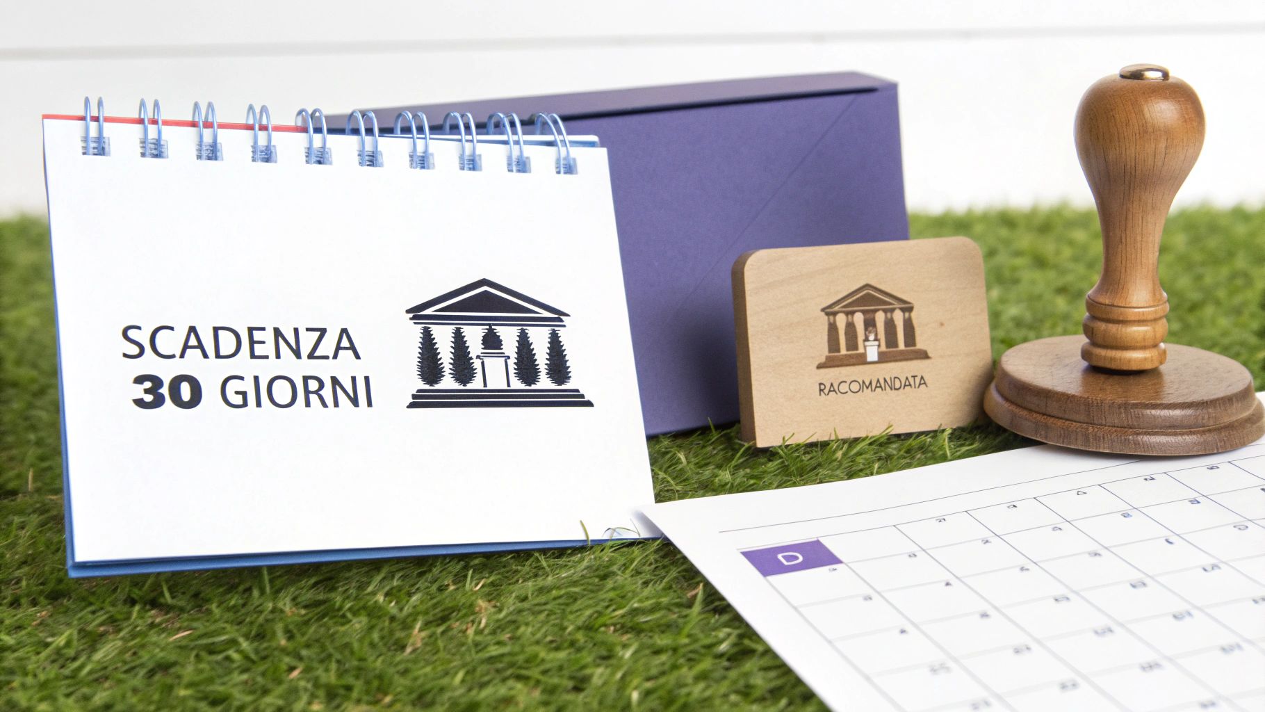 Scadenza di 30 giorni su un calendario con simbolo di tribunale, busta e timbro per raccomandata.