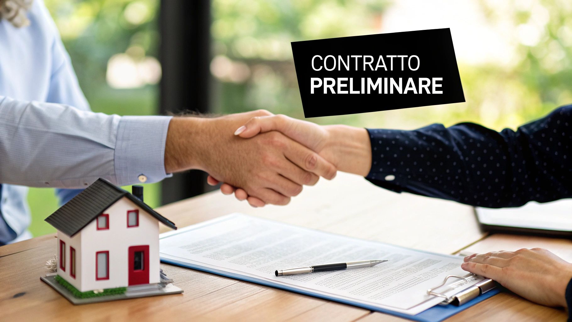 Due persone stringono la mano su un tavolo con un modello di casa, un contratto e una penna, simboleggiando un contratto preliminare.
